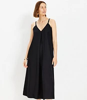 Petite Pleated Strappy Linen Blend Maxi Dress