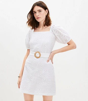 Petite Eyelet Belted Square Neck Mini Dress