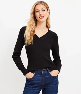 Ribbed Puff Sleeve V-Neck Sweater