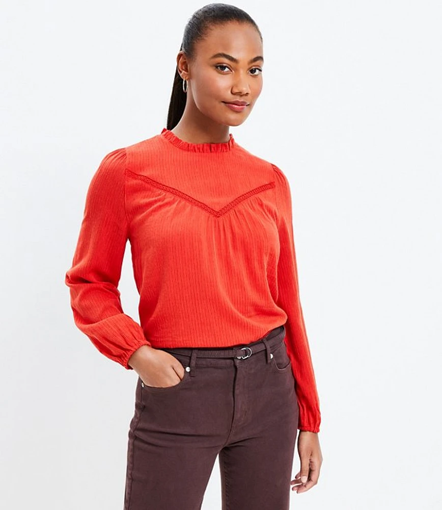 Textured Trimmed Ruffle Neck Blouse