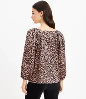 Leopard Print Pleated Sleeve V-Neck Top