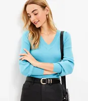 Petite Ribbed Puff Sleeve V-Neck Sweater