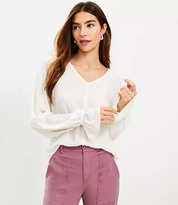 Mixed Media Ruffle Cuff V-Neck Top