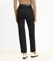 Faux Leather Trim High Rise Straight Jeans Black