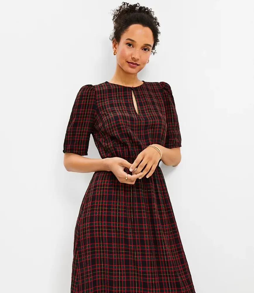 Shimmer Plaid Pleated Sleeve Flounce Midi Dress