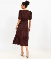 Shimmer Plaid Pleated Sleeve Flounce Midi Dress