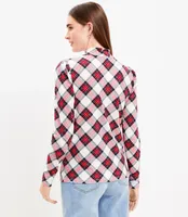 Plaid Puff Sleeve Mock Neck Top