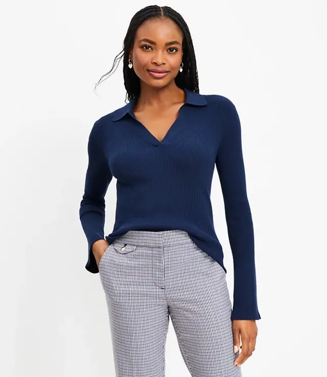 Loft Petite Ribbed Button Neck Flare Sleeve Sweater