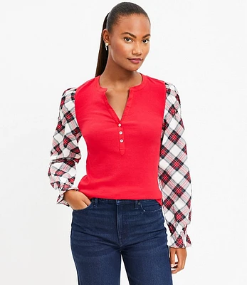 Petite Plaid Henley Mixed Media Top