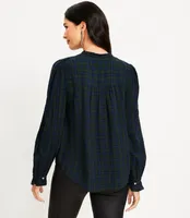 Petite Plaid Ruched Ruffle Neck Blouse