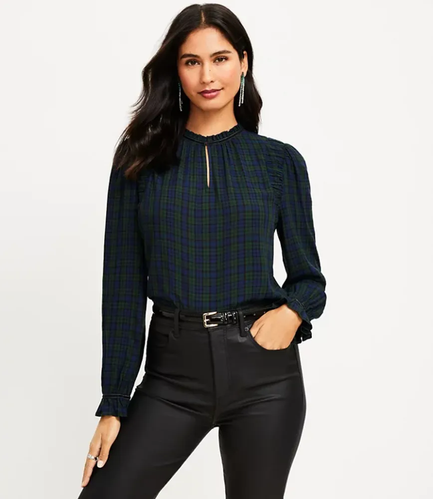 Petite Plaid Ruched Ruffle Neck Blouse