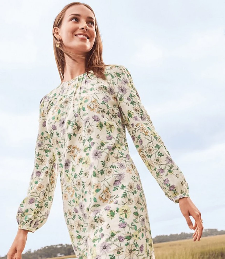 Floral Linen Blend Long Sleeve Shift Dress