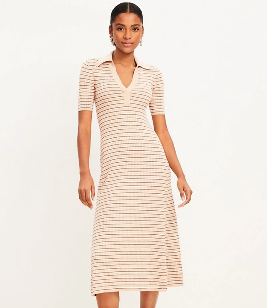 Stripe Ribbed Collared Midi Sweater Dress