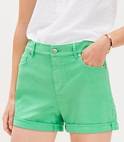 Petite Mid Rise Denim Roll Shorts in Fresh Clover