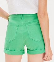 Petite Mid Rise Denim Roll Shorts in Fresh Clover