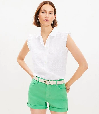 Petite Mid Rise Denim Roll Shorts in Fresh Clover