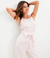 Striped Linen Blend Tie Front Jumpsuit