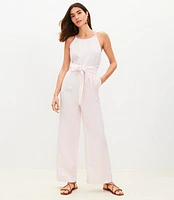 Striped Linen Blend Tie Front Jumpsuit