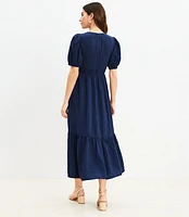 Textured Balloon Sleeve Flounce Midi Dress