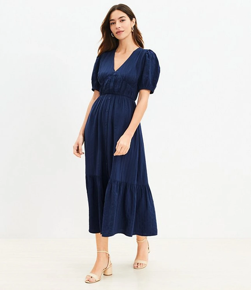 Textured Balloon Sleeve Flounce Midi Dress