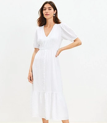 Textured Balloon Sleeve Flounce Midi Dress