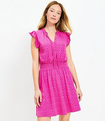 Stamp Tie Neck Flutter Mini Dress