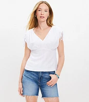 Petite Eyelet Jacquard Ruched V-Neck Top