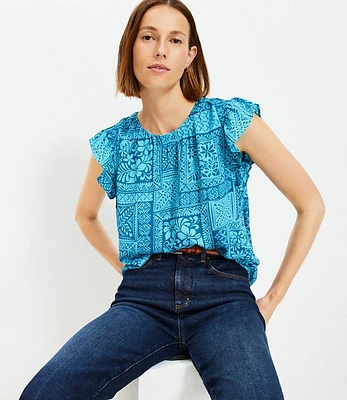 Tile Flutter Sleeve Mixed Media Top