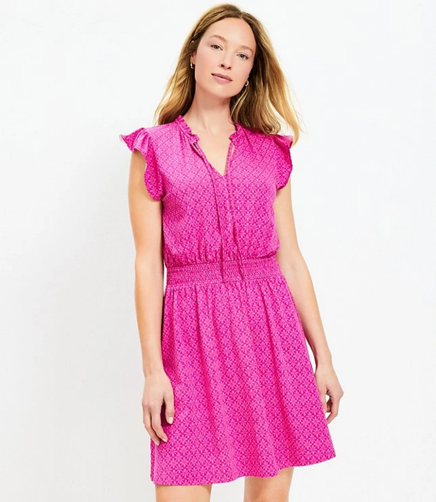 Petite Stamp Tie Neck Flutter Mini Dress