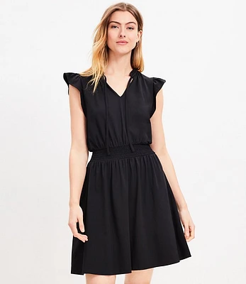 Petite Tie Neck Flutter Mini Flare Dress