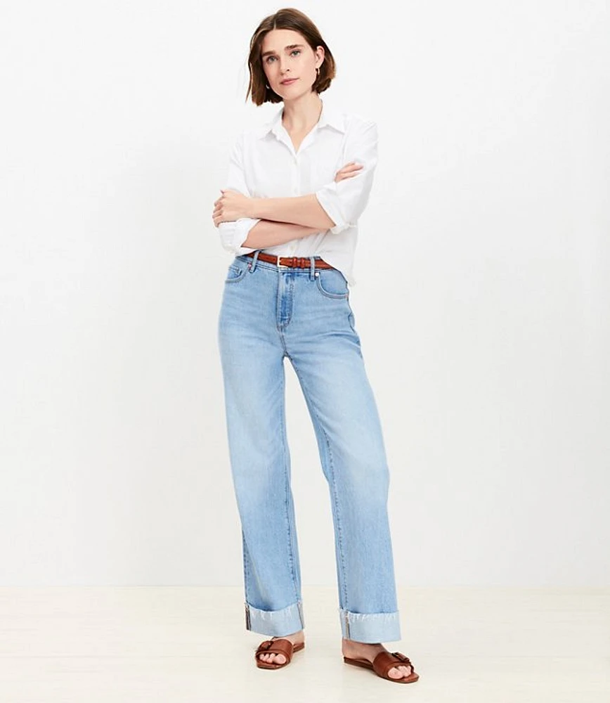 Flip Cuff High Rise Wide Leg Jeans Light Wash