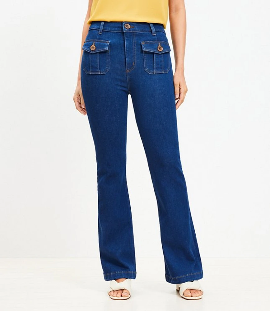 Petite Curvy High Rise Patch Pocket Slim Flare Jeans Light Wash