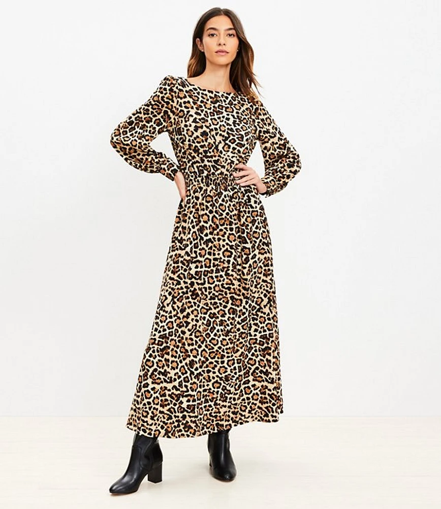 Leopard Print Smocked Waist Maxi Dress