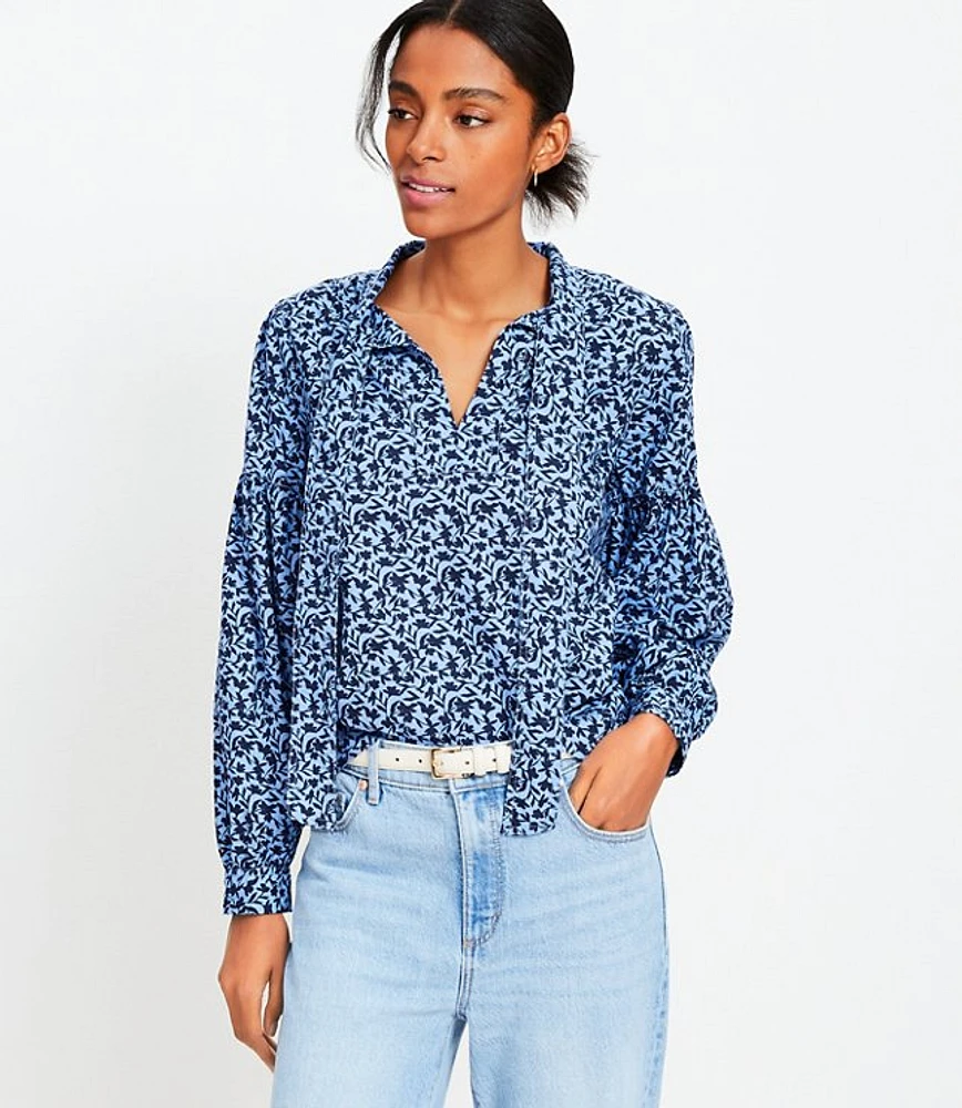 Petite Floral Tie Neck Blouson Sleeve Blouse