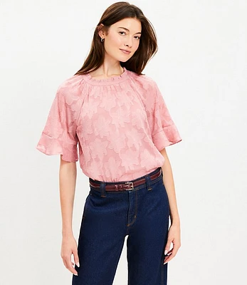 Floral Jacquard Ruffle Trim Blouse