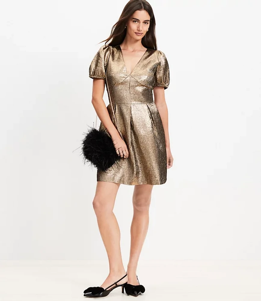 Metallic Jacquard V-Neck Mini Flare Dress