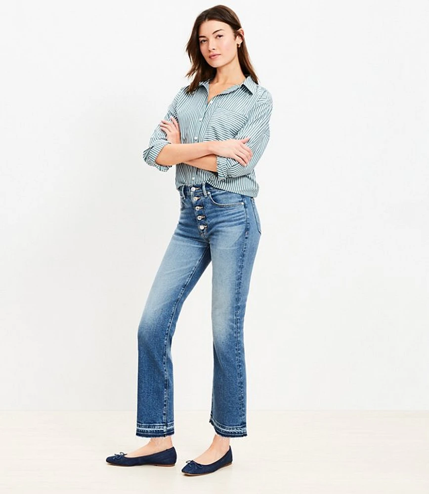 Petite Button Front High Rise Kick Crop Jeans Mid Vintage Wash