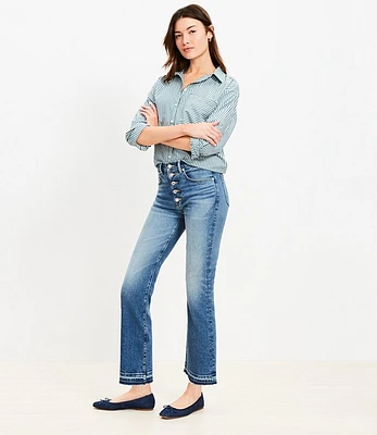 Petite Button Front High Rise Kick Crop Jeans Mid Vintage Wash