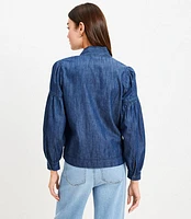 Petite Chambray Tie Neck Blouson Sleeve Blouse