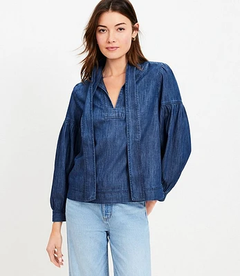 Petite Chambray Tie Neck Blouson Sleeve Blouse