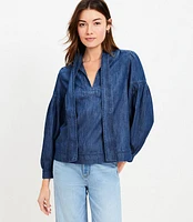 Petite Chambray Tie Neck Blouson Sleeve Blouse