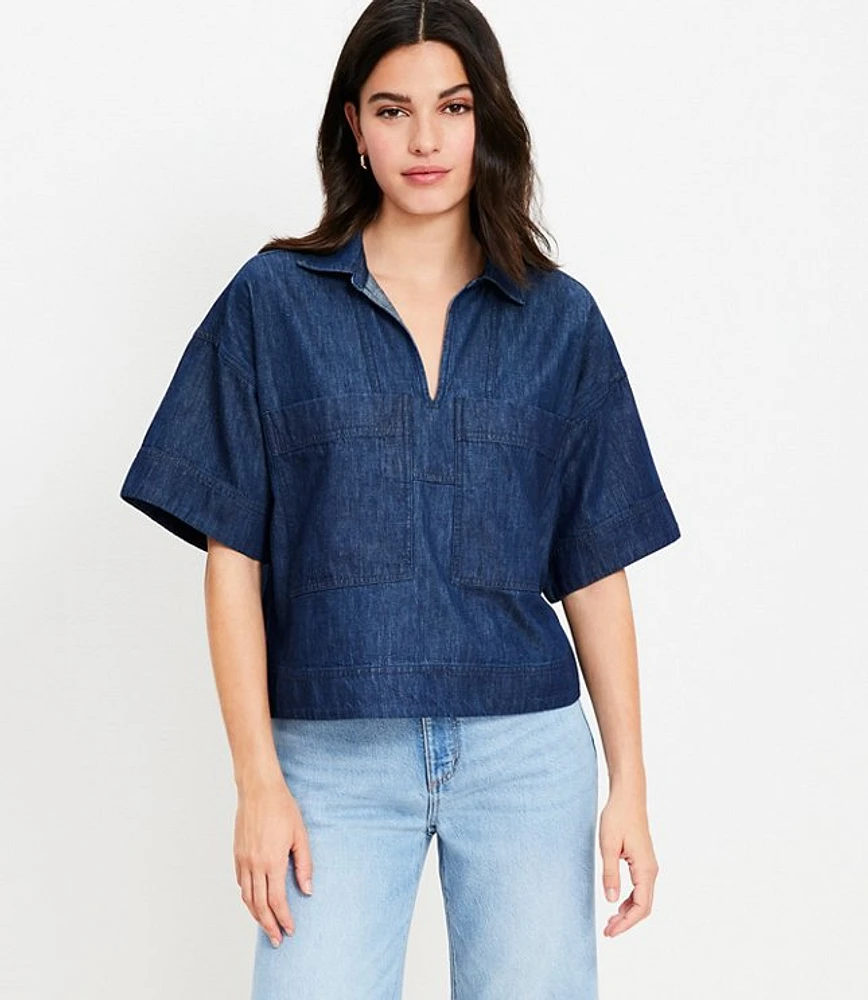 Petite Chambray V-Neck Utility Blouse