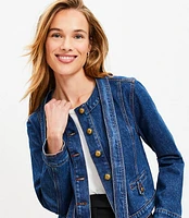 Petite Bow Collarless Denim Jacket Refined Mid Indigo Wash