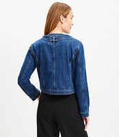 Petite Bow Collarless Denim Jacket Refined Mid Indigo Wash