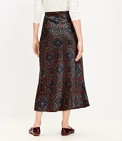 Ornamental Floral Satin Bias Midi Skirt