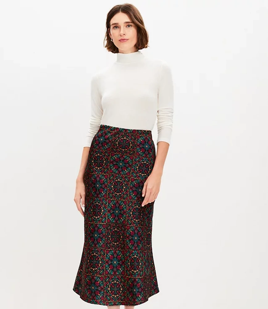 Ornamental Floral Satin Bias Midi Skirt