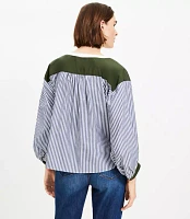 Colorblock Striped Poplin Split Neck Blouse