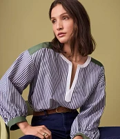 Colorblock Striped Poplin Split Neck Blouse