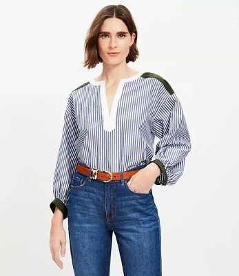 Colorblock Striped Poplin Split Neck Blouse