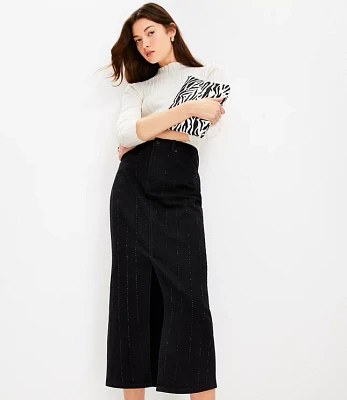 Petite Sparkle Pinstripe Denim Midi Skirt Washed Black